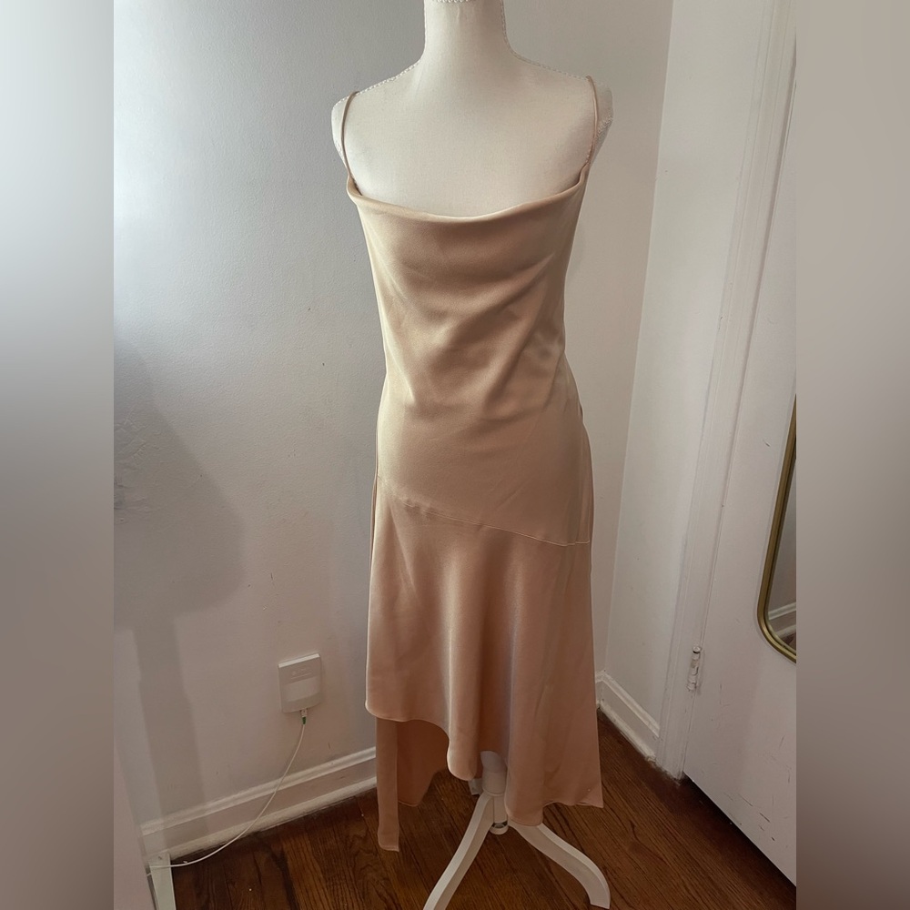 Alice + Olivia Bias-Cut Satin High-Low Dress in Nude Almond Blush